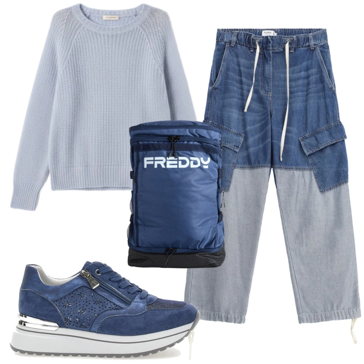 Outfit donna - Total look #2351344. Stile Trendy per Scuola/Università. Abbinamento con zaini, jeans, maglieria, sneakers.
