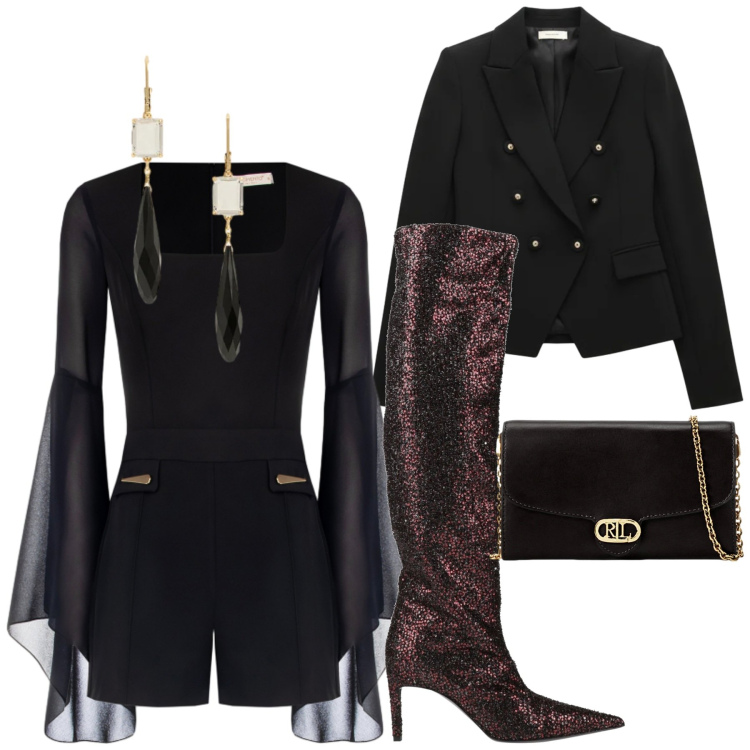 Outfit donna - Look. Stile Glamour per Serata fuori. Abbinamento con stivali sopra il ginocchio, tuta corta, blazer, borse a tracolla, orecchini.