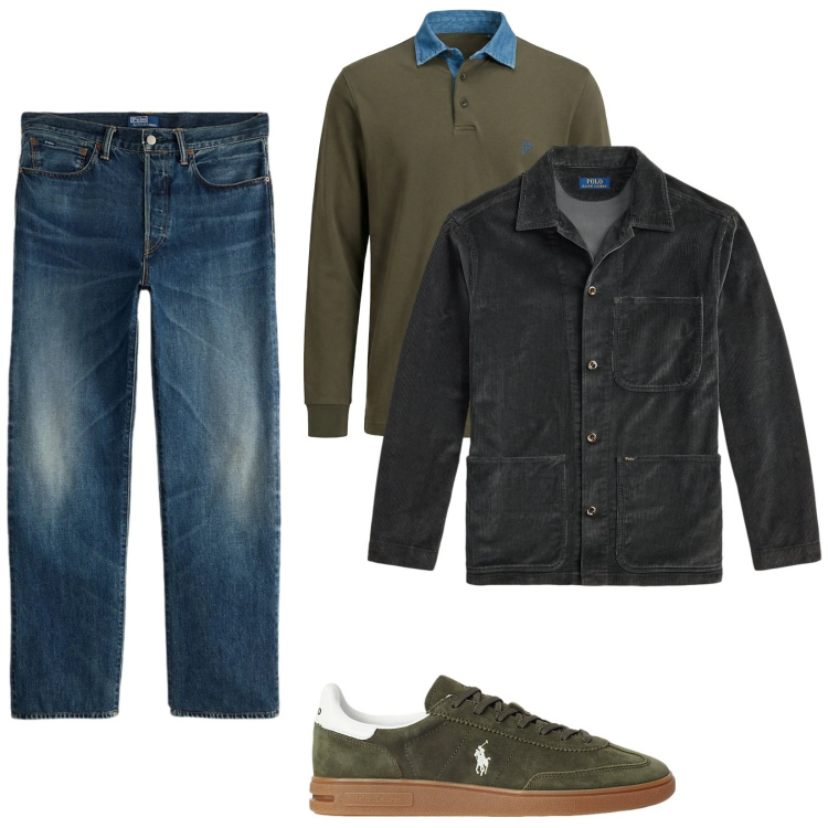 Outfit uomo - Verde e verde. Stile Casual per Tutti i giorni. Abbinamento con polo, sneakers, jeans dritti, giacche.