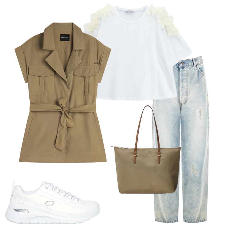 Outfit donna - Light blu denim. Stile Casual chic per Tutti i giorni. Abbinamento con t-shirt, trench, jeans, borse tote, sneakers.