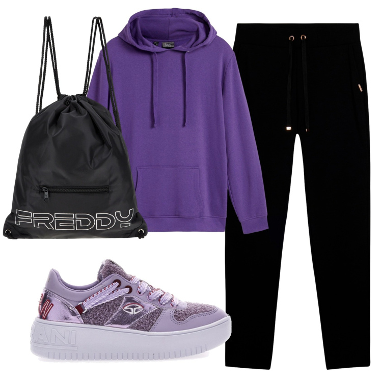 Outfit donna - Total look #2351351. Stile Casual per Scuola/Università. Abbinamento con felpe con cappuccio, pantaloni, zaini, sneakers.