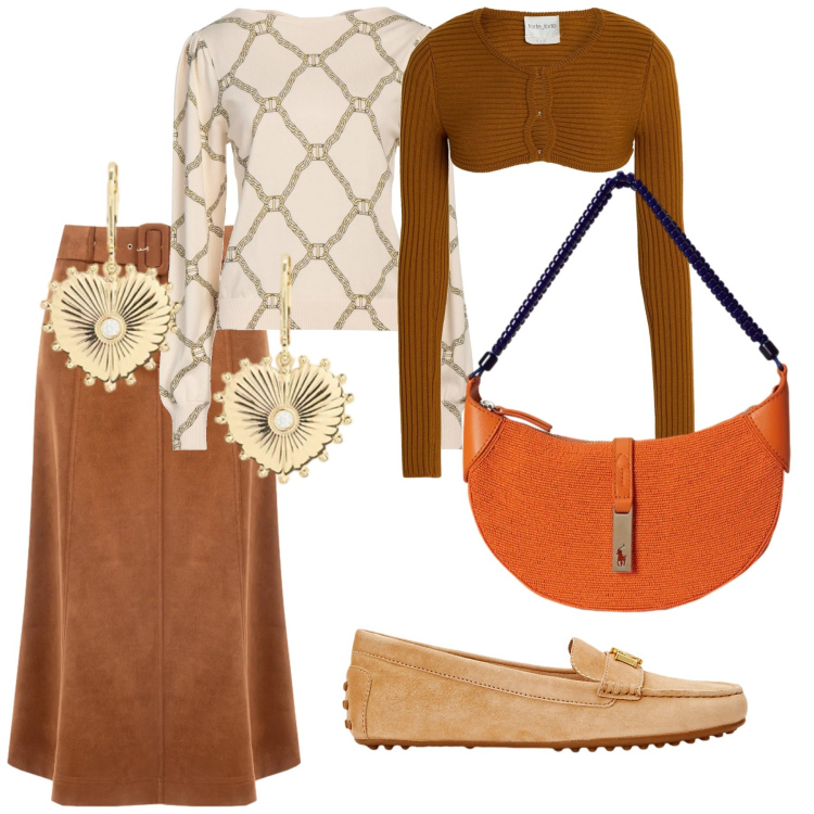 Outfit donna - Look. Stile Casual per Tutti i giorni. Abbinamento con pullovers, blazer, gonne longuette, mocassini, borse a spalla, orecchini.