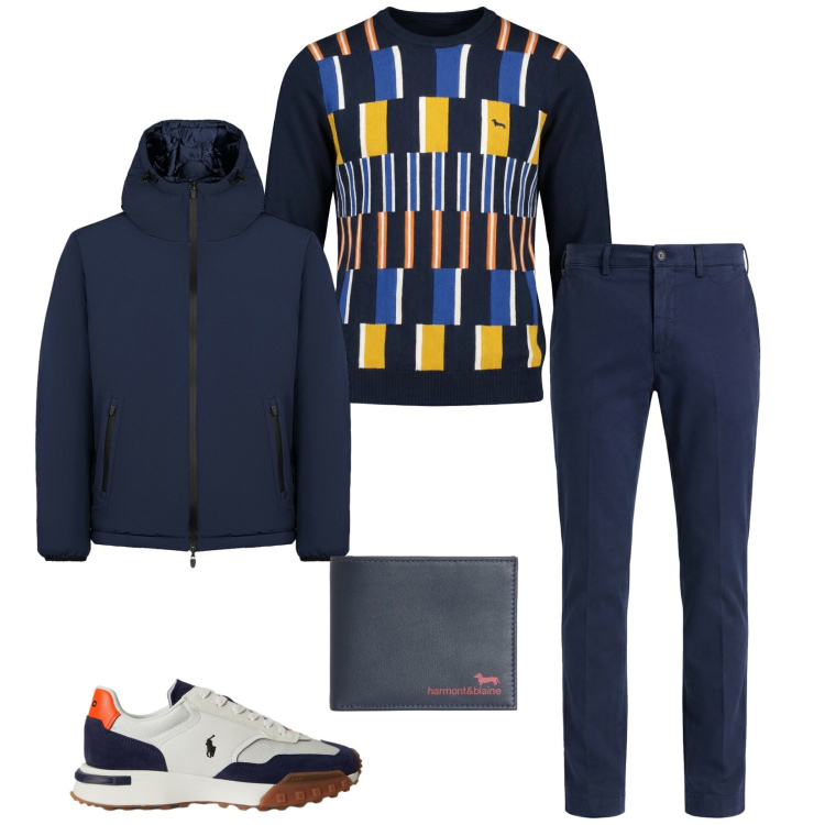 Outfit uomo - Total look #2351355. Stile Trendy per Tutti i giorni. Abbinamento con portafogli, pantaloni chino, pullovers, giacche, sneakers.