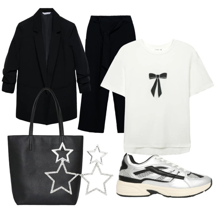 Outfit donna - Fiocchetti e stelline quotidiani. Stile Casual per Tutti i giorni. Abbinamento con t-shirt, sneakers, blazer, orecchini, borse tote, pantaloni a palazzo.