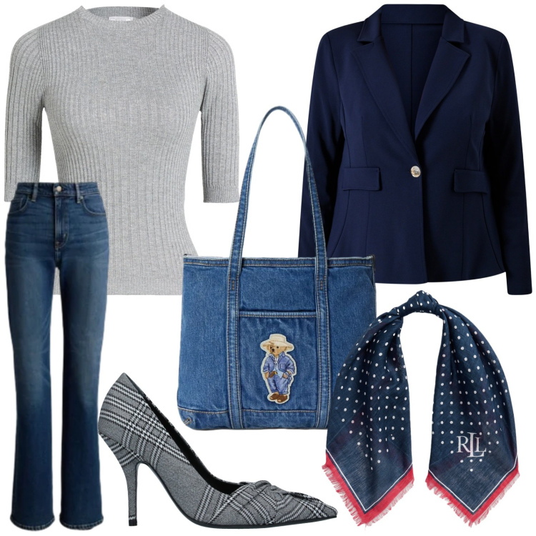 Outfit donna - Blue is the New Season. Stile Basic per Tutti i giorni. Abbinamento con décolleté, pullovers, blazer, jeans, foulard, borse tote.