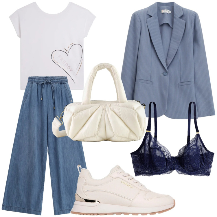 Outfit donna - Blue is the New Season. Stile Basic per Tutti i giorni. Abbinamento con jeans, blazer, t-shirt, borse a mano, reggiseni, sneakers.
