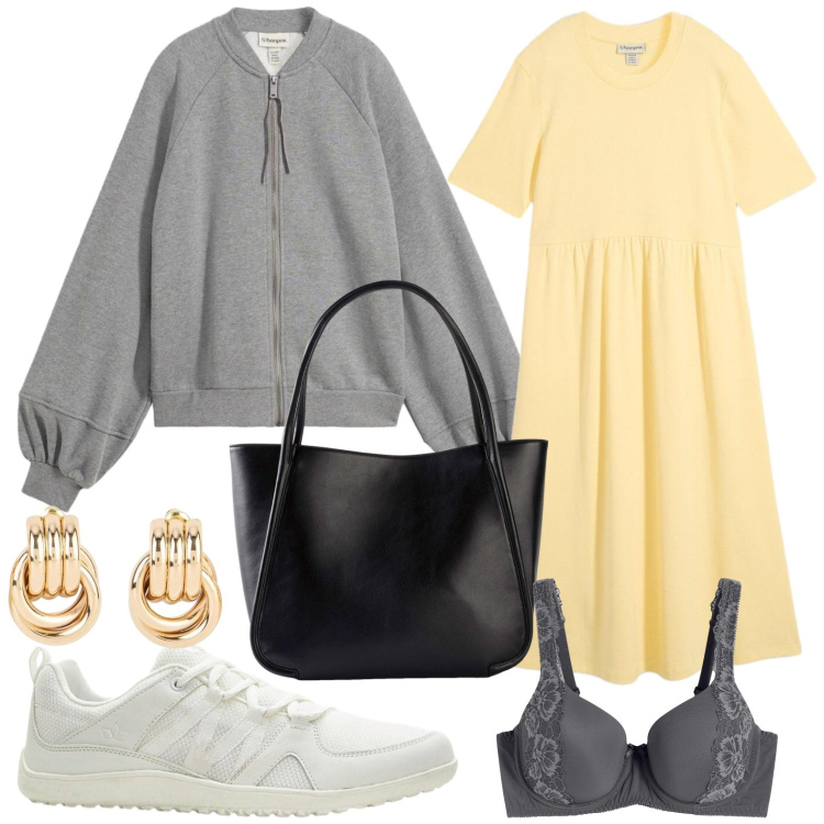 Outfit donna - bonprix - Look primaverili. Stile Casual per Tutti i giorni. Abbinamento con reggiseni, vestiti, shopping bag, orecchini, sneakers, bomber.