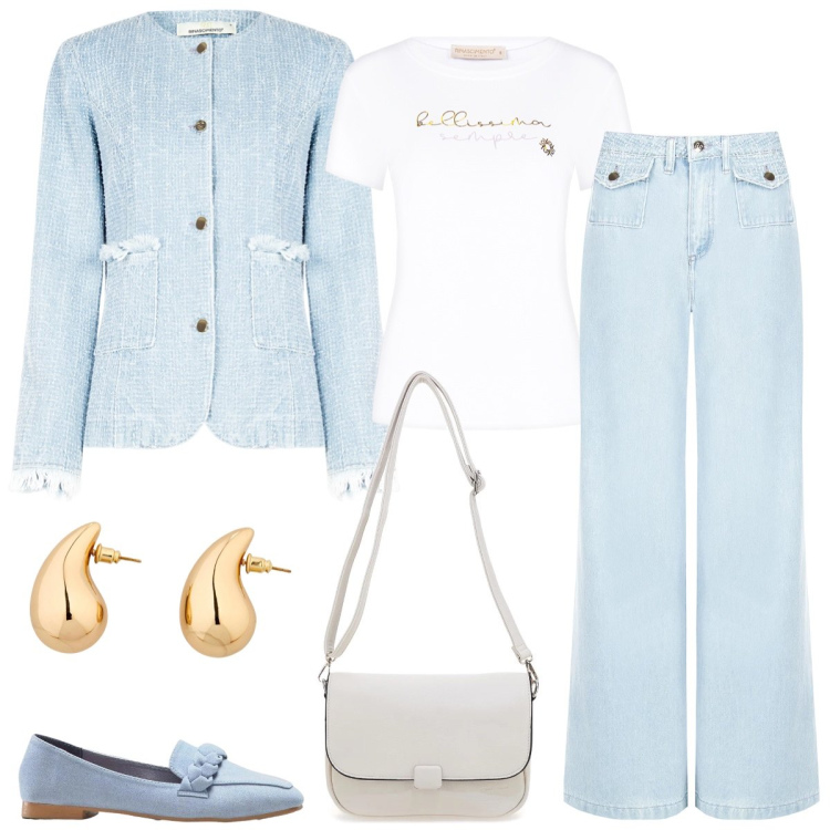 Outfit donna - Total look #2351386. Stile Casual chic per Tutti i giorni. Abbinamento con orecchini, mocassini, blazer, jeans dritti, t-shirt, borse a tracolla.