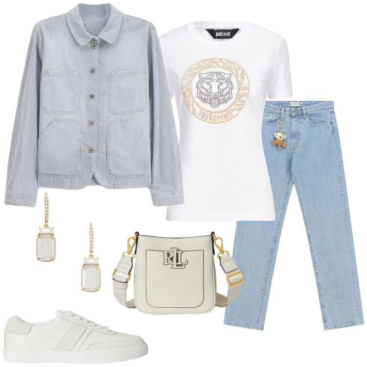 Outfit donna - Urban Spring Dew. Stile Urban per Tutti i giorni. Abbinamento con t-shirt, jeans dritti, blazer, borse a tracolla, orecchini, sneakers.