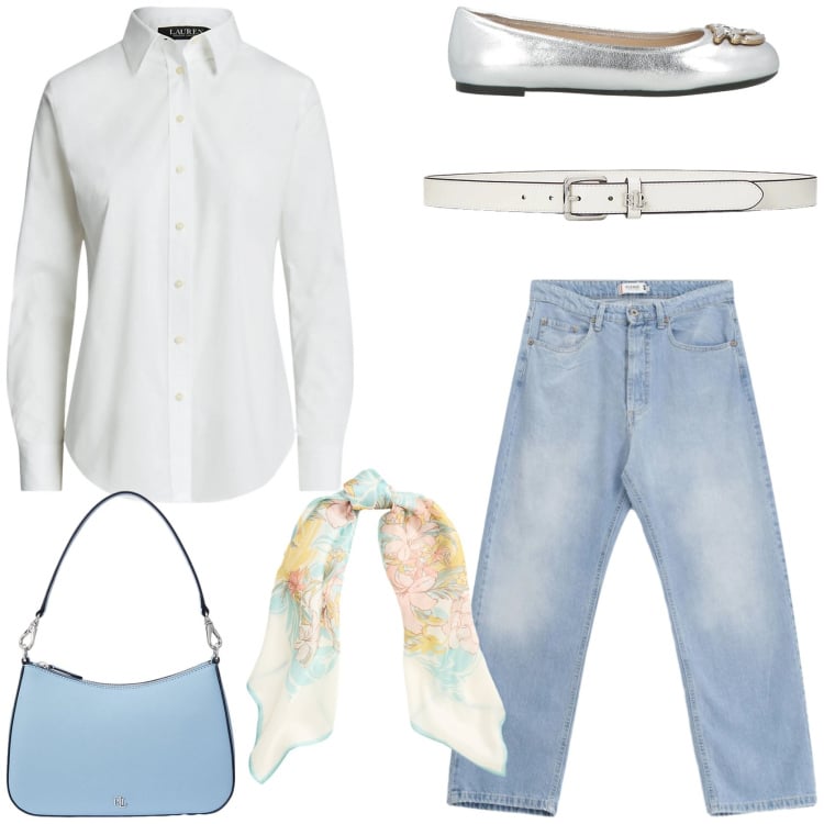 Outfit donna - Il denim essenziale. Stile Minimal per Tutti i giorni. Abbinamento con ballerine, jeans, camicie, borse a spalla, foulard, cinture.