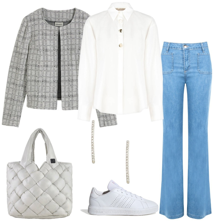 Outfit donna - Total look #2351401. Stile Casual per Tutti i giorni. Abbinamento con cardigans, camicie, jeans, borse tote, orecchini, sneakers.