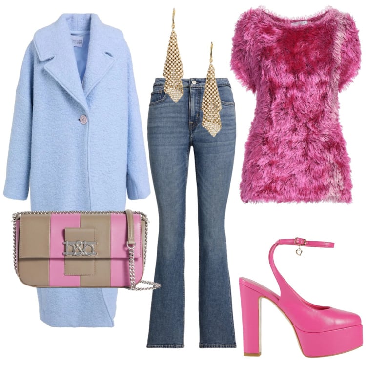 Outfit donna - Sexy jeans. Stile Trendy per Tutti i giorni. Abbinamento con cappotti, pullovers, décolleté, borse a spalla, jeans bootcut, orecchini.