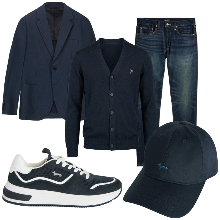 Outfit uomo - Blu jeans. Stile Urban per Ufficio. Abbinamento con cappelli, sneakers, cardigans, jeans, giacche.
