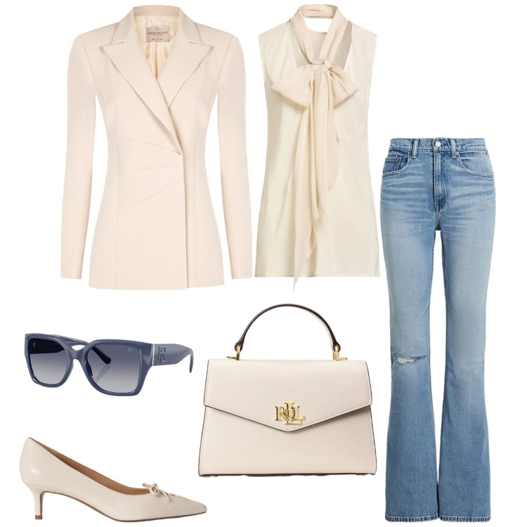 Outfit donna - Total look #2351407. Stile Casual chic per Tutti i giorni. Abbinamento con top, blazer, occhiali da sole, jeans, borse a mano, décolleté.