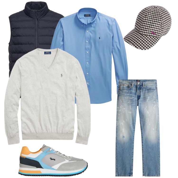 Outfit uomo - Urban Heritage. Stile Trendy per Tutti i giorni. Abbinamento con sneakers, cappelli con visiera, piumini, maglieria, jeans dritti, camicie.