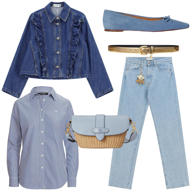 Outfit donna - Denim tono su tono. Stile Casual chic per Tutti i giorni. Abbinamento con blazer, jeans dritti, cinture, ballerine, camicie, borse a spalla.