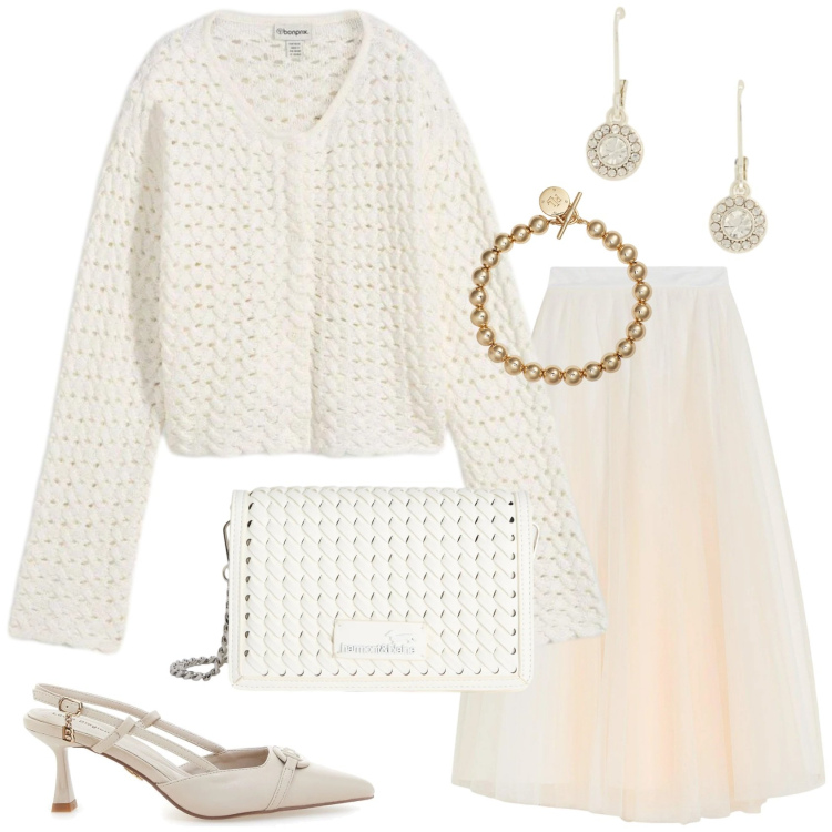 Outfit donna - Bianco per quando vuoi. Stile Romantica per Cerimonia. Abbinamento con gonne lunghe, cardigans, borse a tracolla, orecchini, braccialetti, décolleté.