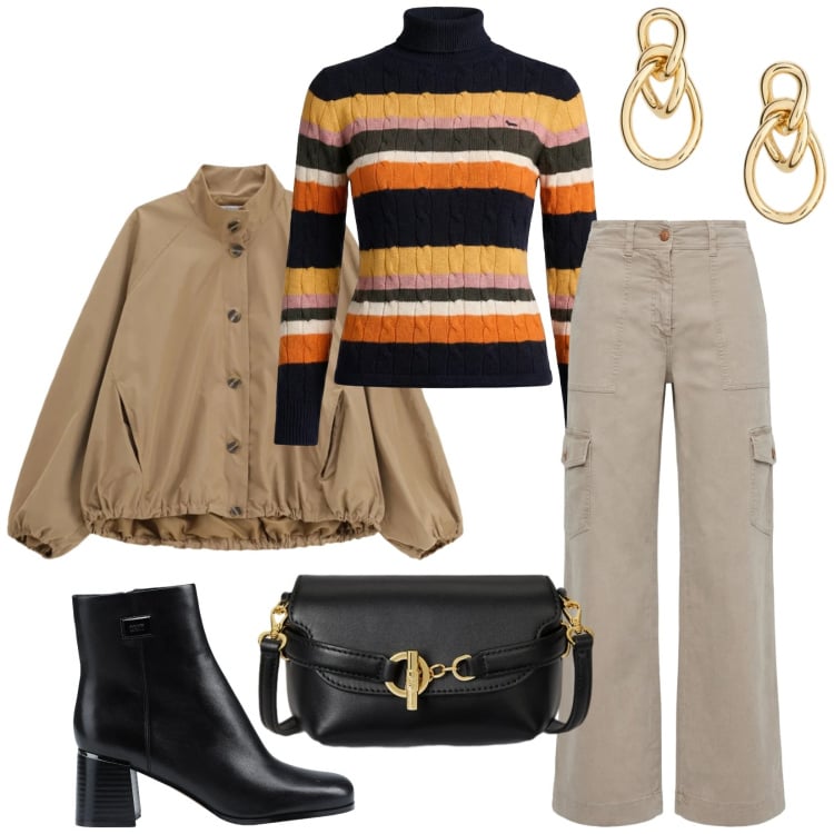 Outfit donna - Total look #2351419. Stile Urban per Tutti i giorni. Abbinamento con stivaletti, pantaloni cargo, maglieria, bomber, borse a tracolla, orecchini.