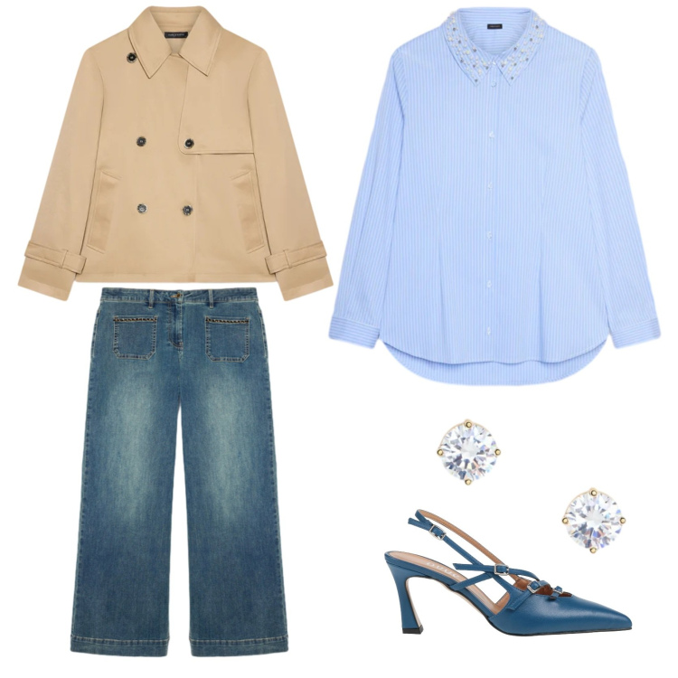 Outfit donna - Il cielo è sempre più blu. Stile Sporty chic per Tutti i giorni. Abbinamento con décolleté, camicie, jeans, trench, orecchini.