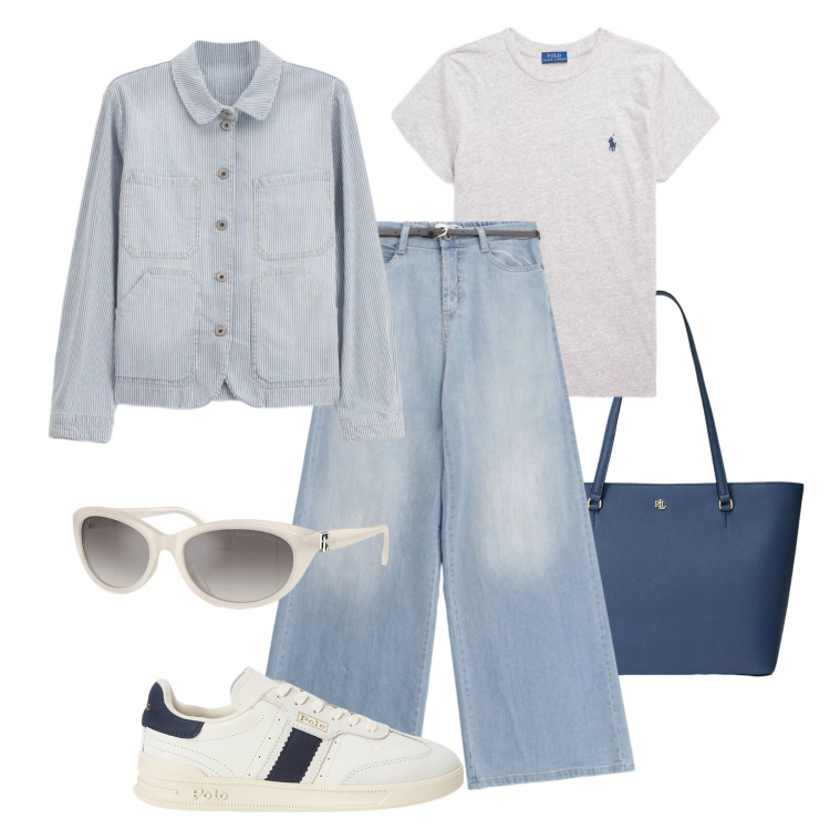 Outfit donna - Denim light blue. Stile Urban per Tutti i giorni. Abbinamento con blazer, jeans, occhiali da sole, borse tote, sneakers, t-shirt.