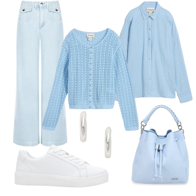 Outfit donna - Blue a primavera. Stile Minimal per Tutti i giorni. Abbinamento con sneakers, cardigans, camicie, jeans dritti, orecchini, borse a secchiello.
