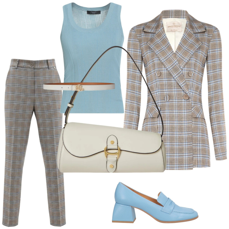 Outfit donna - Look. Stile Bon Ton per Ufficio. Abbinamento con top, mocassini, blazer, pantaloni, borse a spalla, cinture.