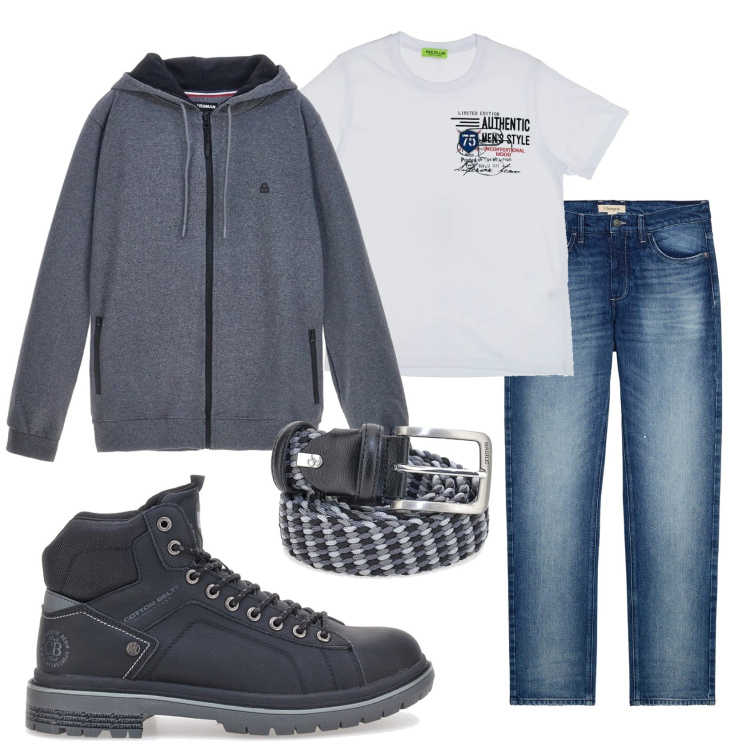Outfit uomo - Total look #2351437. Stile Urban per Tutti i giorni. Abbinamento con jeans dritti, t-shirt, felpe con cappuccio, stivali e stivaletti, cinture.