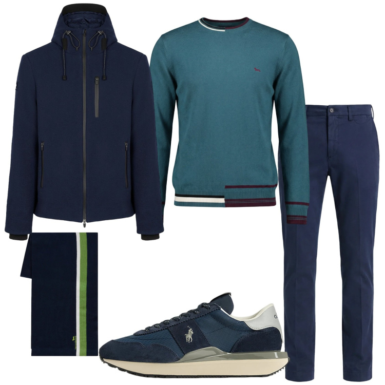 Outfit uomo - Total look #2351444. Stile Casual per Tutti i giorni. Abbinamento con sciarpe, pantaloni chino, pullovers, giacche, sneakers.