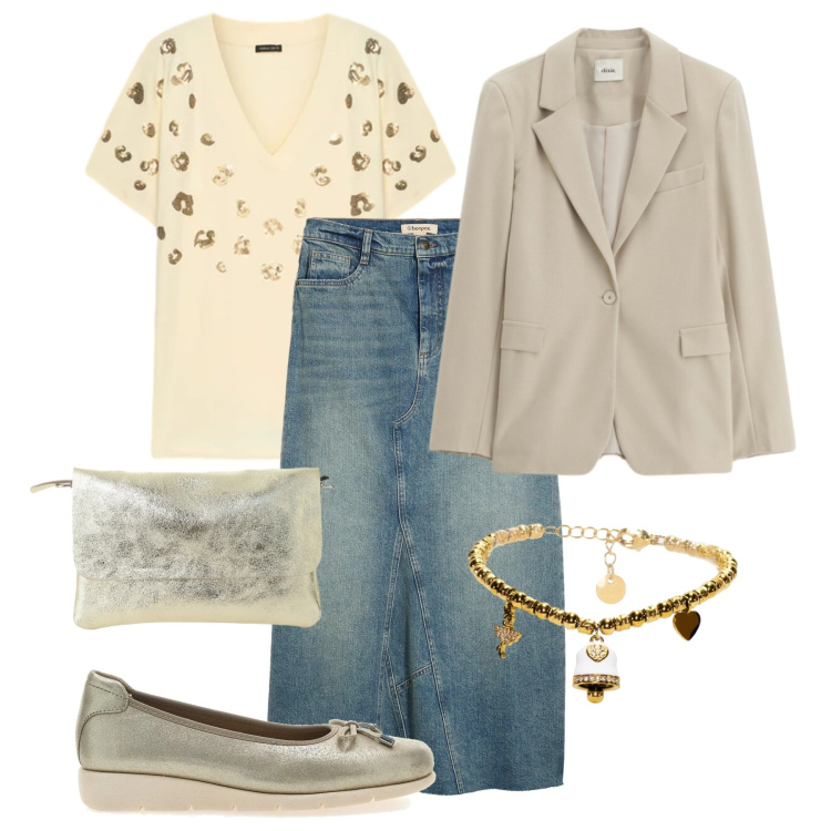 Outfit donna - Blue is the New Season. Stile Casual chic per Tutti i giorni. Abbinamento con gonne, t-shirt, borse a spalla, blazer, braccialetti, ballerine.