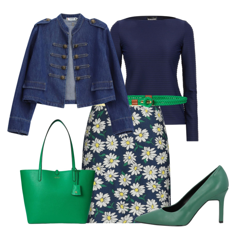 Outfit donna - Blue is the New Season. Stile Chic per Tutti i giorni. Abbinamento con minigonne, top, décolleté, blazer, cinture, borse tote.