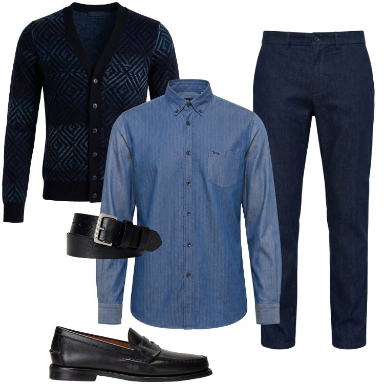 Outfit uomo - Total look #2351453. Stile Casual per Tutti i giorni. Abbinamento con cardigans, camicie, pantaloni chino, scarpe stringate, cinture.