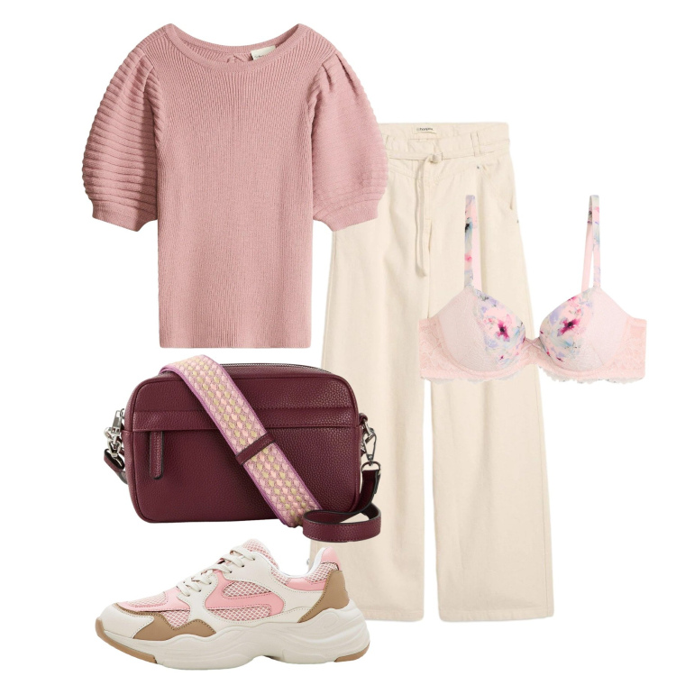 Outfit donna - bonprix - Look primaverili. Stile Basic per Scuola/Università. Abbinamento con maglieria, pantaloni, reggiseni, borse a tracolla, sneakers.