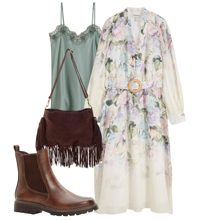Outfit donna - bonprix - Look primaverili. Stile Boho per Tutti i giorni. Abbinamento con vestiti midi/longuette, stivaletti, borse a tracolla, sottovesti.