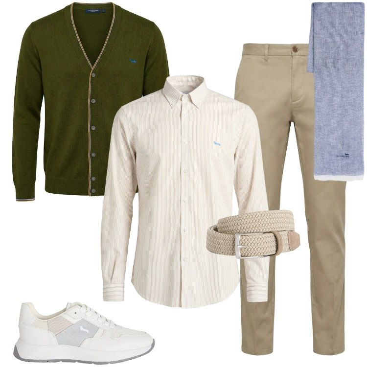 Outfit uomo - Total look #2351456. Stile Casual per Tutti i giorni. Abbinamento con cinture, pantaloni chino, camicie, sneakers, cardigans, sciarpe.