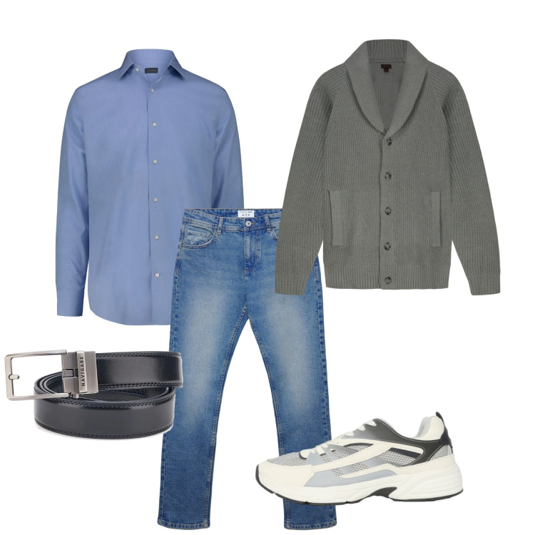 Outfit uomo - Cardigan. Stile Casual per Tutti i giorni. Abbinamento con jeans dritti, sneakers, camicie, cardigans, cinture.