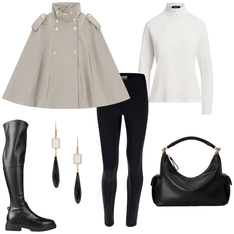 Outfit donna - Shopping. Stile Casual per Tutti i giorni. Abbinamento con stivali sopra il ginocchio, leggings sportivo, cappotti, orecchini, pullovers, borse a spalla.