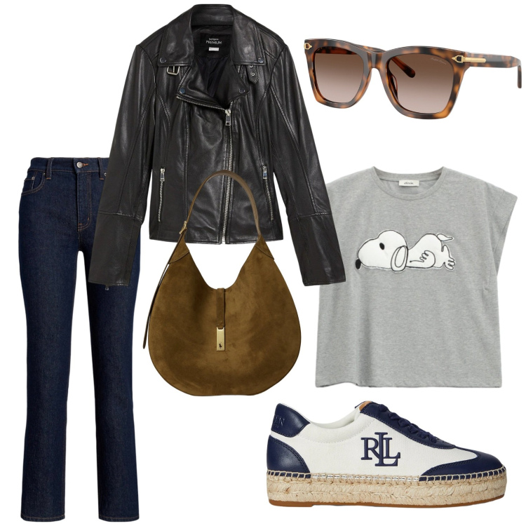 Outfit donna - Just casual. Stile Urban per Tutti i giorni. Abbinamento con blazer, t-shirt, jeans bootcut, occhiali da sole, borse a spalla, sneakers.