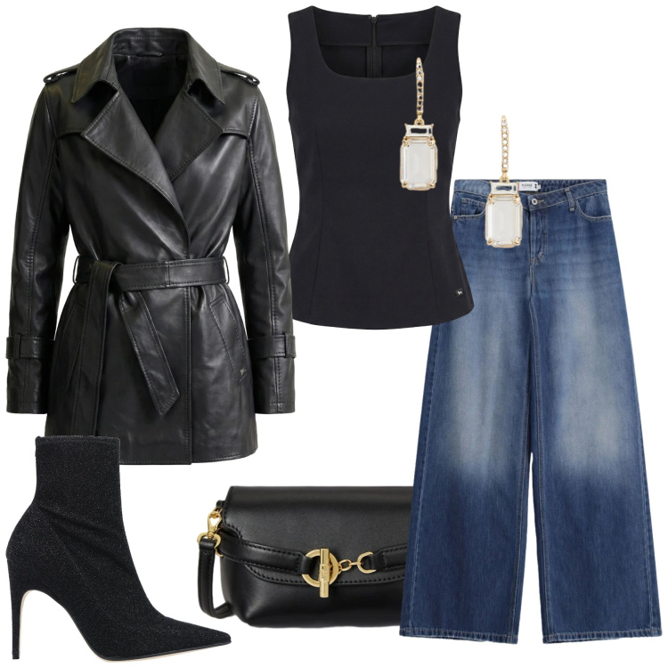 Outfit donna - La sera in discoteca. Stile Sporty chic per Serata fuori. Abbinamento con stivaletti, giacche, top, jeans, borse a tracolla, orecchini.