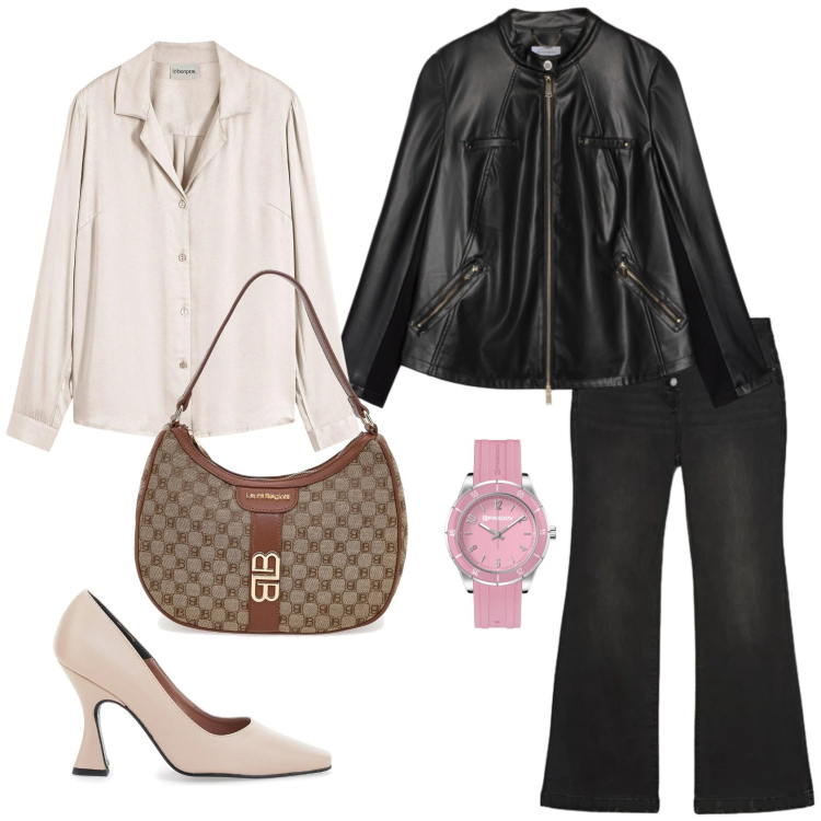 Outfit donna - Un look da ufficio. Stile Casual chic per Tutti i giorni. Abbinamento con camicie, giacche, jeans, orologi, décolleté, borse a spalla.