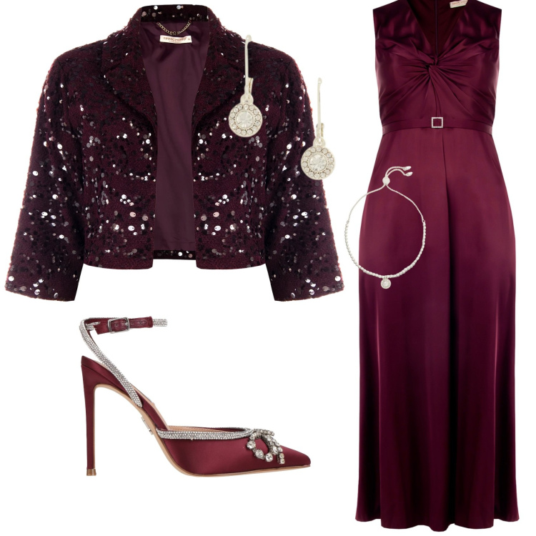 Outfit donna - Di rosso mi voglio vestire. Stile Glamour per Cerimonia. Abbinamento con décolleté, vestiti lunghi, bolero, braccialetti, orecchini.