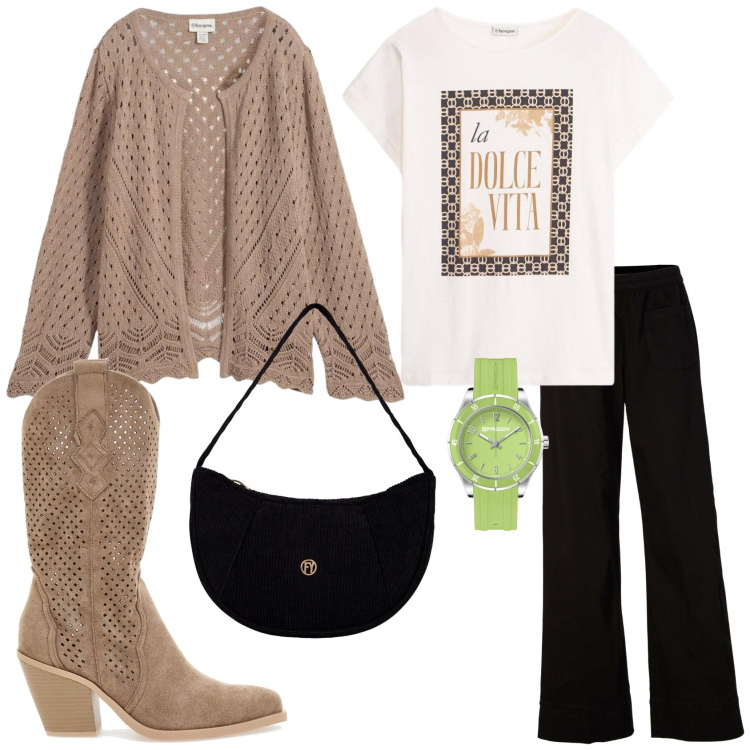 Outfit donna - Casual e boho. Stile Boho per Tutti i giorni. Abbinamento con cardigans, t-shirt, pantaloni, orologi, borse a mano, stivaletti.