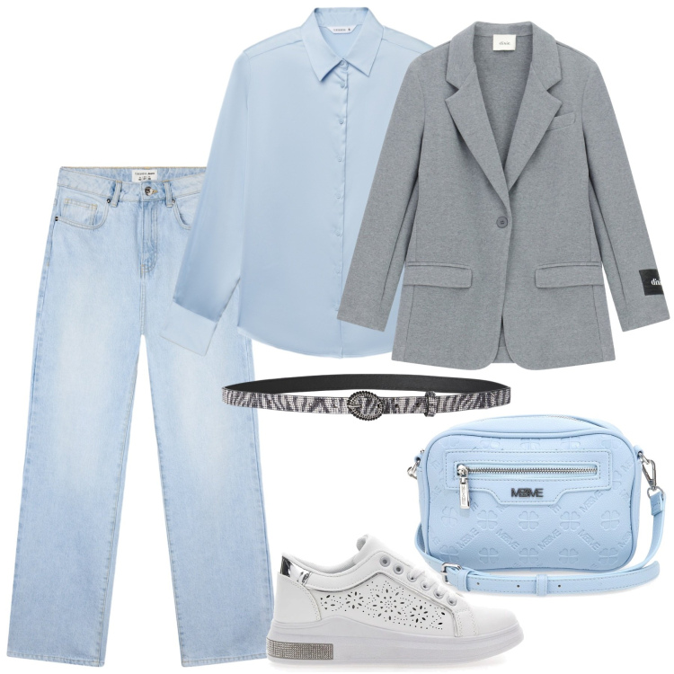 Outfit donna - Blue is the New Season. Stile Mannish per Tutti i giorni. Abbinamento con camicie, cinture, jeans dritti, blazer, sneakers, borse a tracolla.