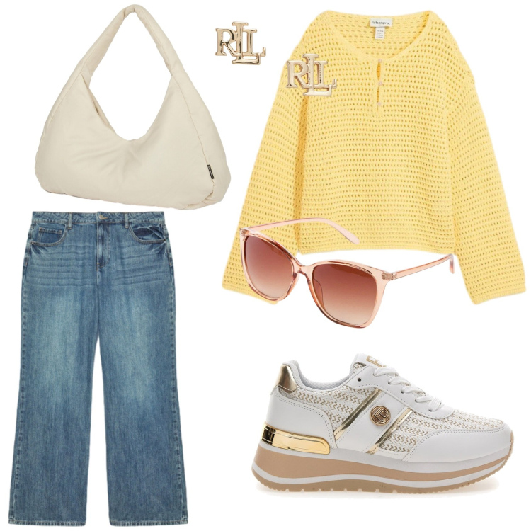 Outfit donna - Per una passeggiata all\'aria aperta. Stile Casual per Tutti i giorni. Abbinamento con maglieria, occhiali da sole, jeans, borse a spalla, orecchini, sneakers.