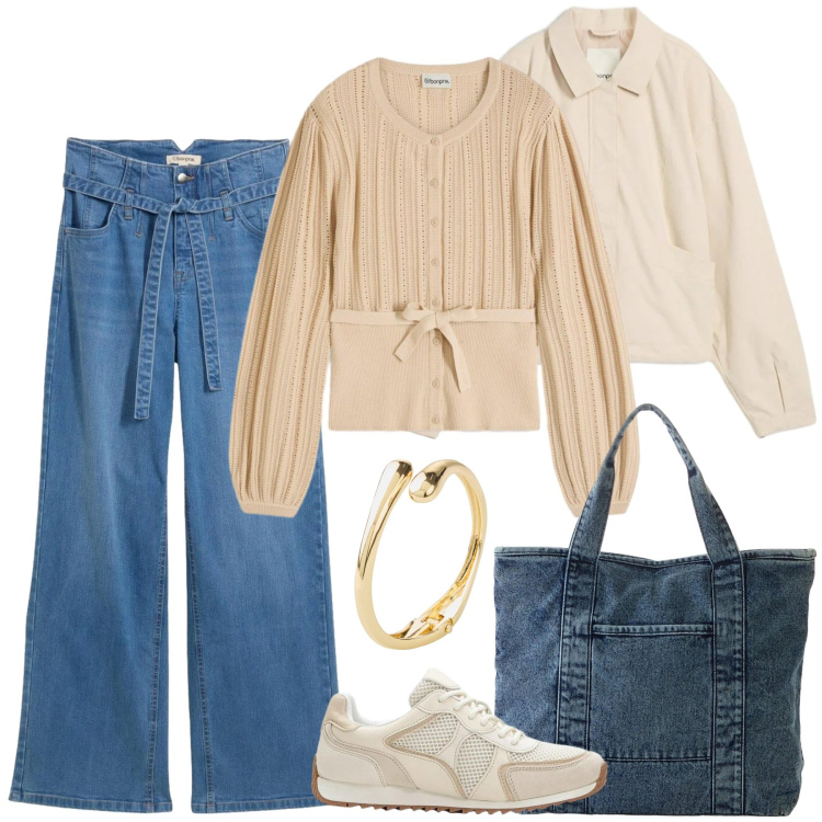 Outfit donna - Bonprix - Look primaverili. Stile Casual chic per Tutti i giorni. Abbinamento con maglieria, jeans, shopping bag, sneakers alte, bomber, braccialetti.
