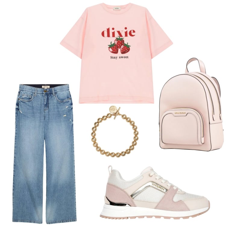 Outfit donna - Maggio. Stile Casual per Tutti i giorni. Abbinamento con zaini, jeans, braccialetti, t-shirt, sneakers.