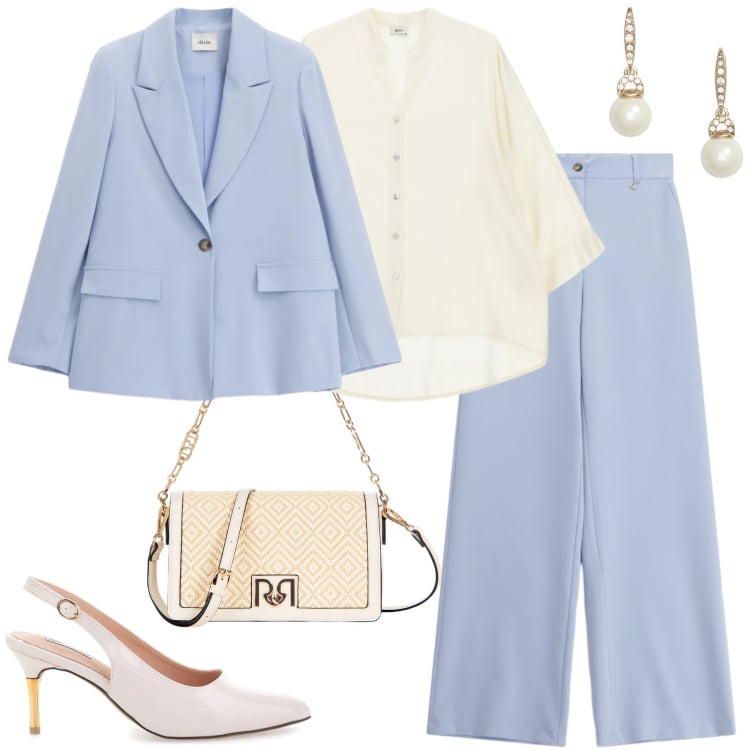 Outfit donna - Bantoa ss26. Stile Chic per Cerimonia. Abbinamento con borse a tracolla, orecchini, pantaloni a palazzo, camicie, blazer, décolleté.