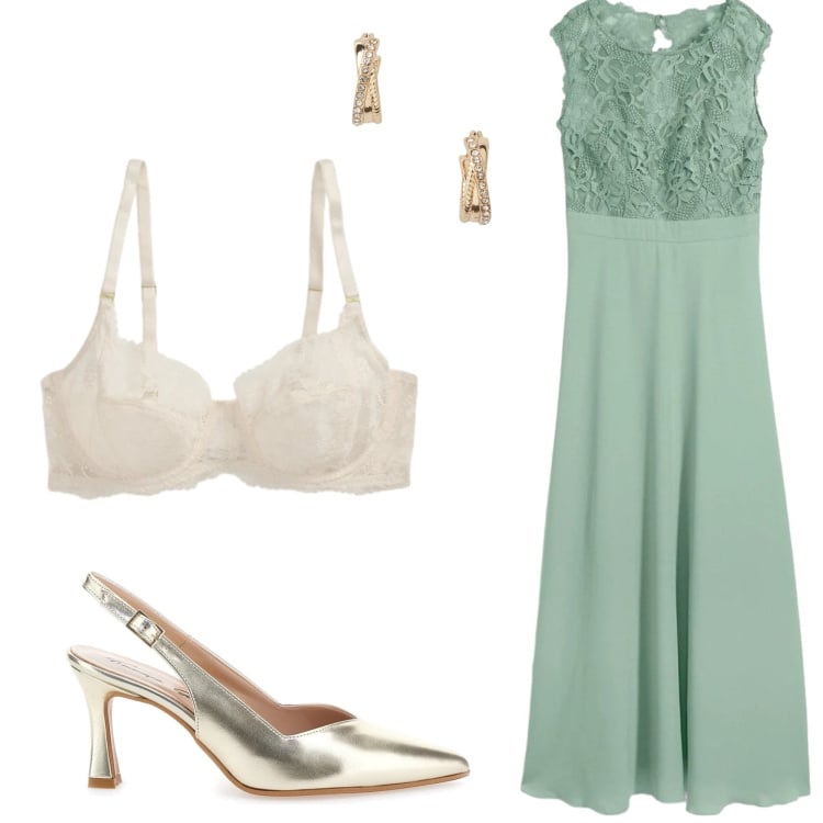 Outfit donna - Un romantico abito da sera. Stile Glamour per Cerimonia. Abbinamento con vestiti lunghi, reggiseni, orecchini, décolleté.