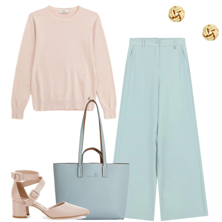Outfit donna - Il potere dei colori pastello. Stile Casual chic per Ufficio. Abbinamento con shopping bag, pantaloni a palazzo, maglieria, orecchini, décolleté.