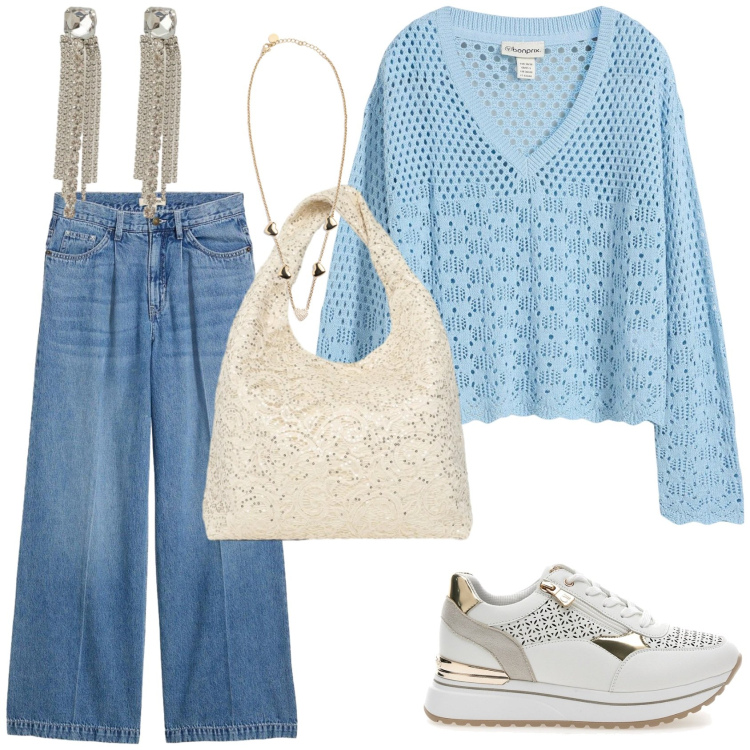 Outfit donna - Jeans e bohemien. Stile Boho per Tutti i giorni. Abbinamento con maglieria, jeans, borse a spalla, orecchini, collane, sneakers alte.