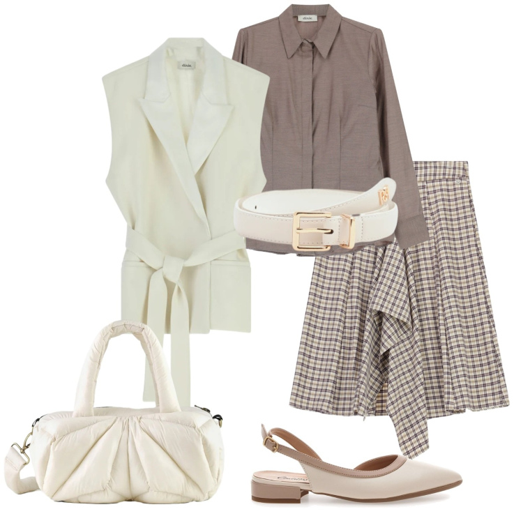 Outfit donna - Giacca gilet. Stile Bon Ton per Tutti i giorni. Abbinamento con camicie, gilet, gonne longuette, cinture, borse a mano, ballerine.